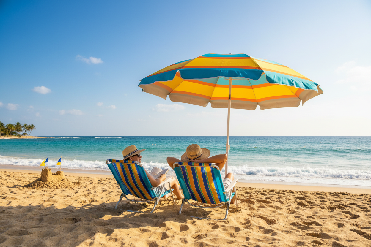 a couple enjoying a sunny day on the beach with beach chairs and umbrella
